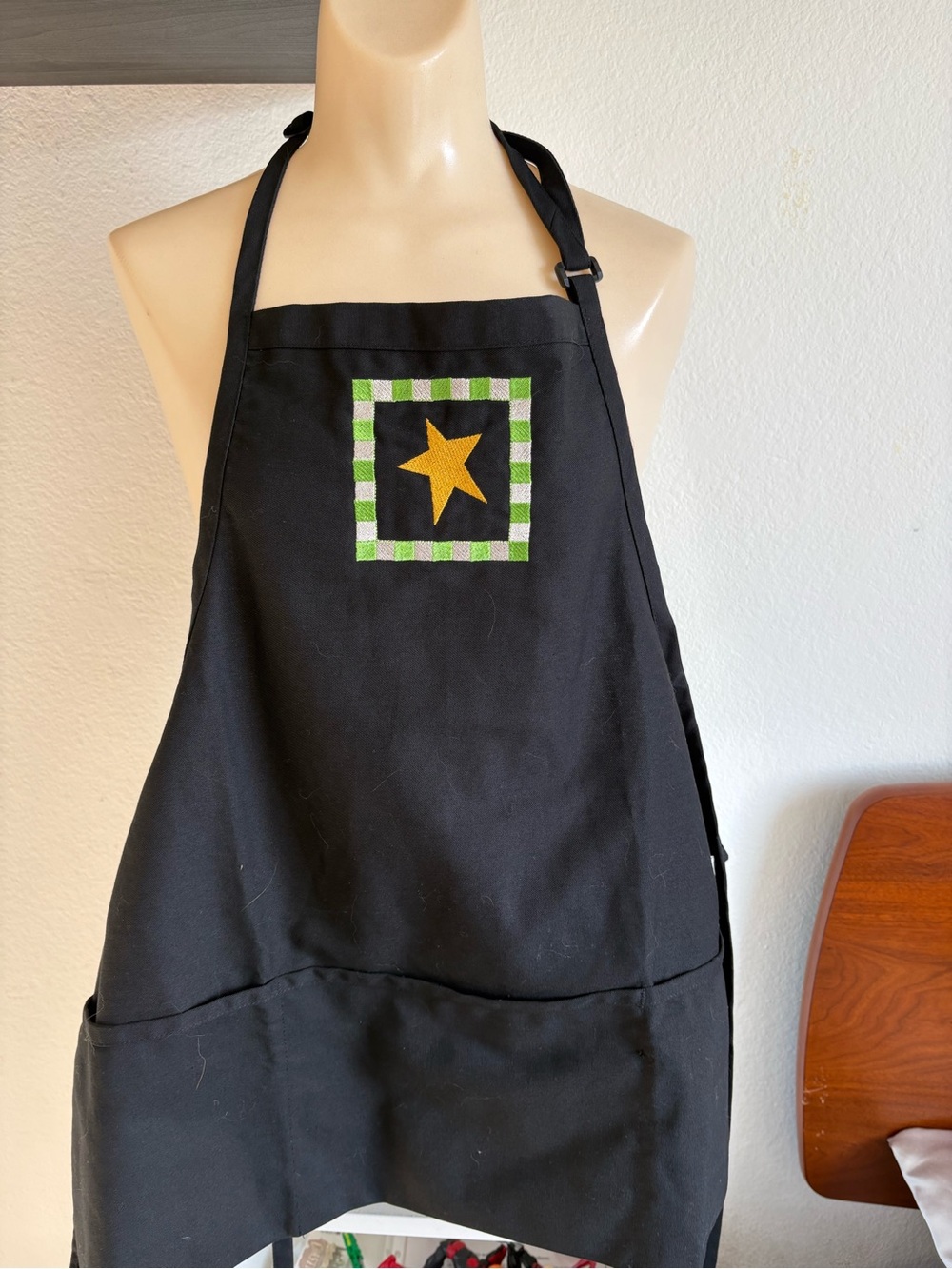 Black Star Patch Apron with Green Check Trim